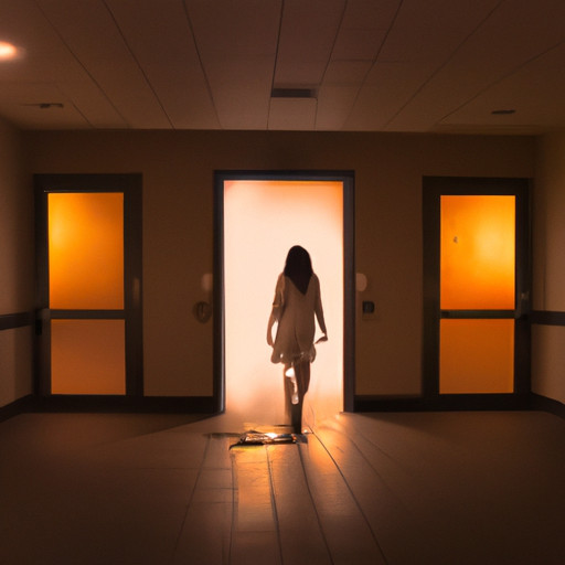 An image capturing the raw emotions of a woman walking away from an empty, dimly-lit hotel room