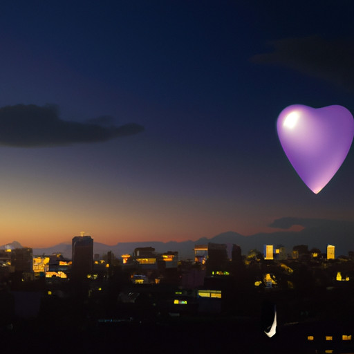 An image of a teardrop-shaped heart floating above a dimly lit cityscape at dusk
