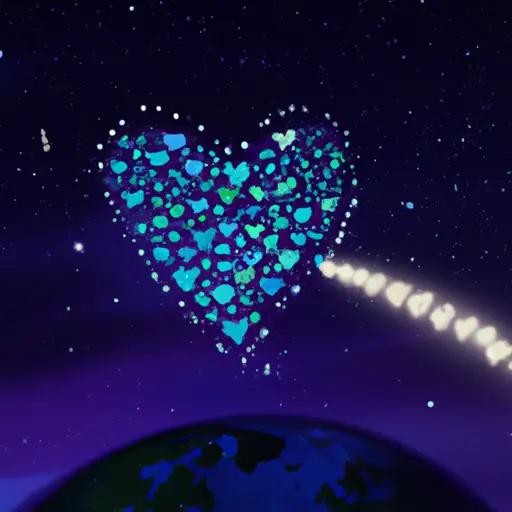 An image showcasing a heart-shaped globe floating in the starry night sky, with a shimmering trail of animated gifs featuring adorable characters, conveying love, flying from one side of the globe to the other