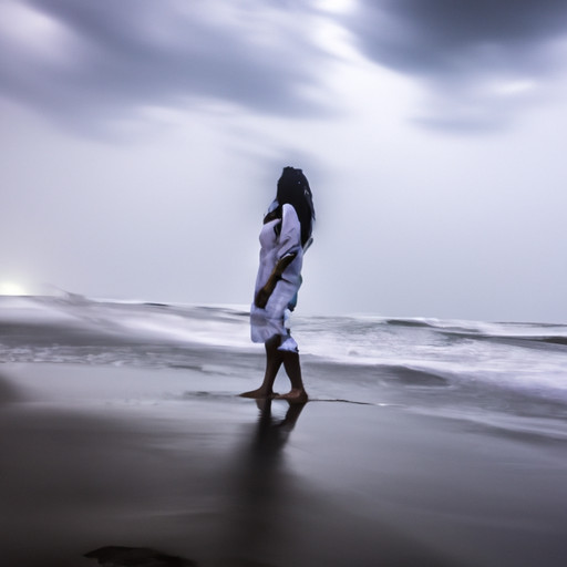 An image portraying a solitary figure standing on a sandy beach at dusk, gazing longingly at the vast ocean, with a gentle breeze caressing their hair and a subtle smile hinting at the bittersweet yearning of a lost love