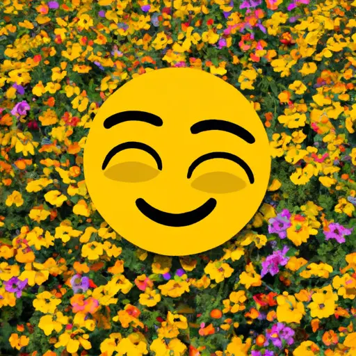 An image featuring a bright yellow emoji with a closed eye and a slight smile, surrounded by a field of colorful flowers