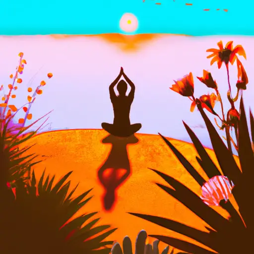 An image of a serene sunset beach scene with a solitary figure practicing yoga, surrounded by vibrant flowers and a gentle breeze, representing the power of self-love and self-care in addiction recovery