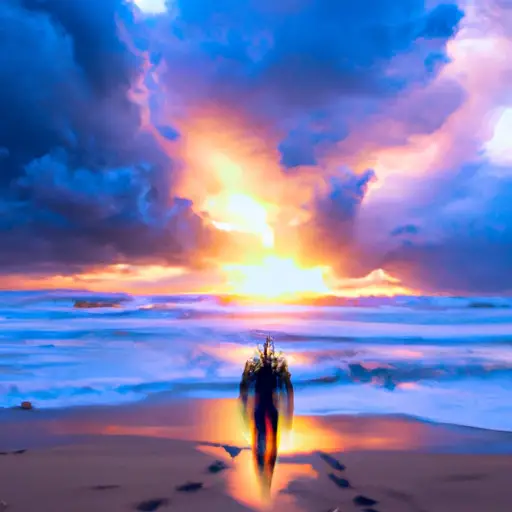 An image showcasing a serene shoreline at sunrise, with a solitary figure stepping out of a stormy sea towards the light
