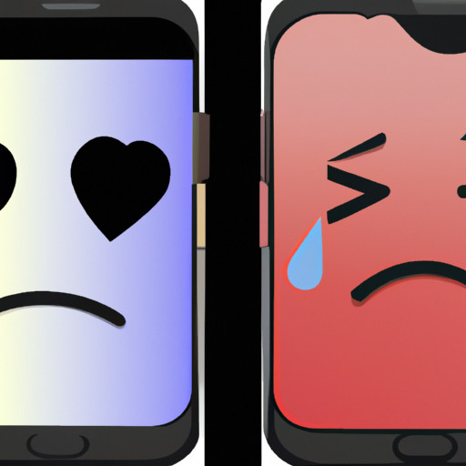 An image featuring a smartphone screen split in half: on one side, a heart emoji flirts with a winking face emoji, while on the other side, a broken heart emoji looks on with sadness and betrayal