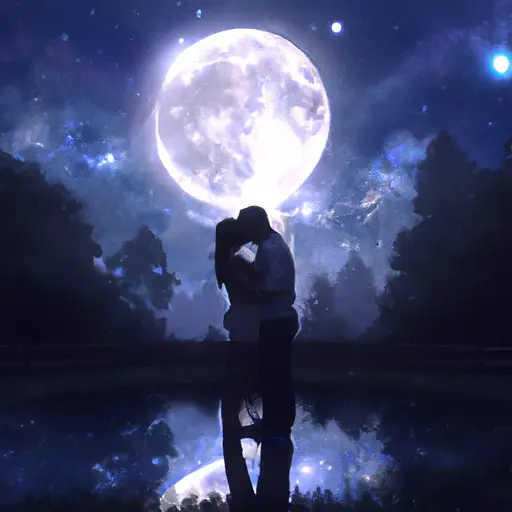 An image of a couple embracing beneath a starlit sky, with a full moon casting a soft glow upon their passionate kiss