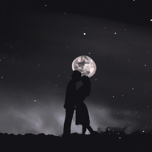  the essence of love and nostalgia in a single frame: Two silhouetted figures, illuminated by the soft glow of the moon, tenderly embracing as they share a passionate kiss under a star-studded sky