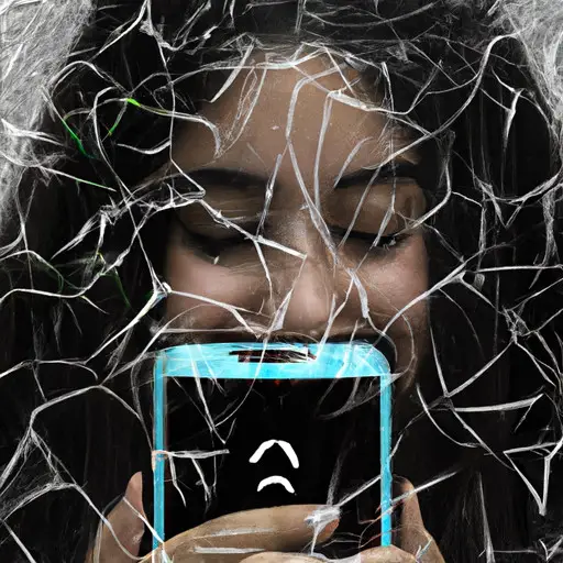 An image capturing a woman's reflection in a shattered smartphone screen, revealing her anxious eyes through the cracked glass