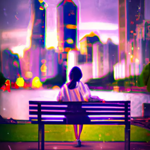An image depicting a woman sitting alone on a park bench, surrounded by a vibrant cityscape