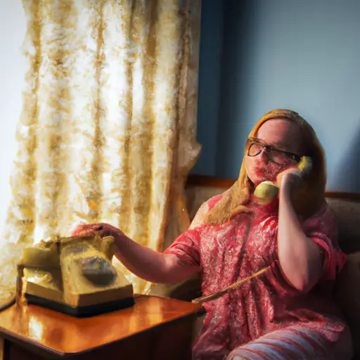 An image of a woman sitting alone in a cozy living room, engrossed in a heartfelt conversation on a vintage telephone