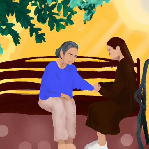 An image that depicts a woman sitting on a park bench with a soft smile, while a compassionate stranger holds her hand, offering comfort