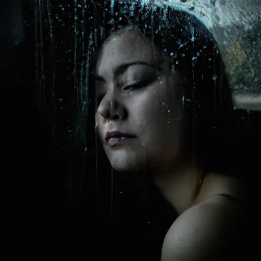 the essence of isolation and longing through an image of a solitary woman, sitting by a dimly lit window with raindrops tracing their way down the glass, her face reflecting a mix of sadness and hope