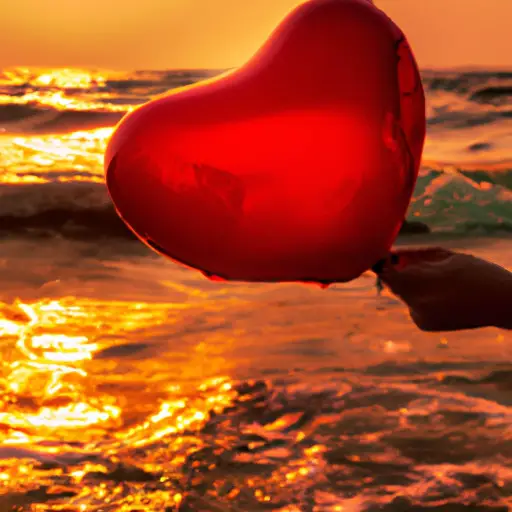 An image of a girl's hand holding a red heart-shaped balloon against the backdrop of a sunset beach