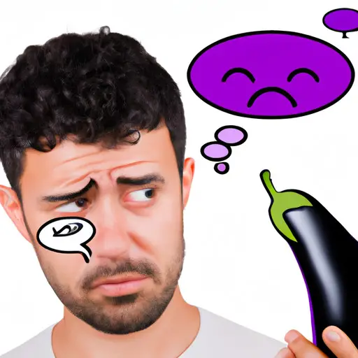 An image featuring a puzzled guy with a raised eyebrow, holding an eggplant emoji and a thought bubble showing various interpretations