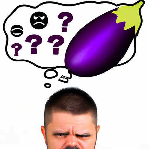 An image of a perplexed guy holding an eggplant emoji, his eyebrows furrowed in confusion while surrounded by thought bubbles of various interpretations, depicting the enigmatic meaning behind the infamous eggplant emoji