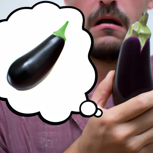 An image of a man holding an eggplant, his face expressing confusion or surprise