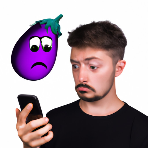An image of a puzzled guy staring at an eggplant emoji on his phone, eyebrows furrowed and mouth slightly open