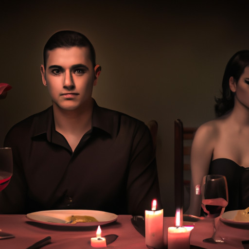 An image that portrays a couple sitting at a candlelit dinner table, but the partner's eyes are wandering towards a mysterious figure in the background, subtly signaling the presence of a potential side chick