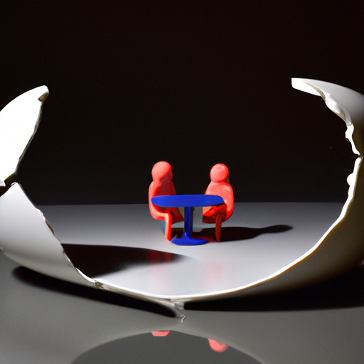 An image that depicts a couple sitting at opposite ends of a broken heart-shaped table