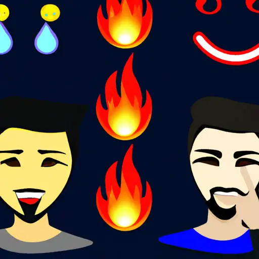 An image showcasing a playful and flirty conversation between two male avatars, using emojis like the winking face, heart eyes, smirking face, and the fire emoji