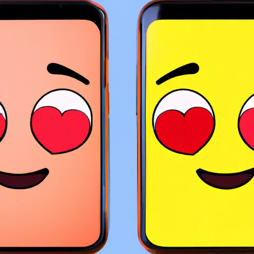 An image featuring a smartphone screen split into two halves: one side shows a winking face emoji paired with a heart, while the other side displays a blushing face emoji with a kiss