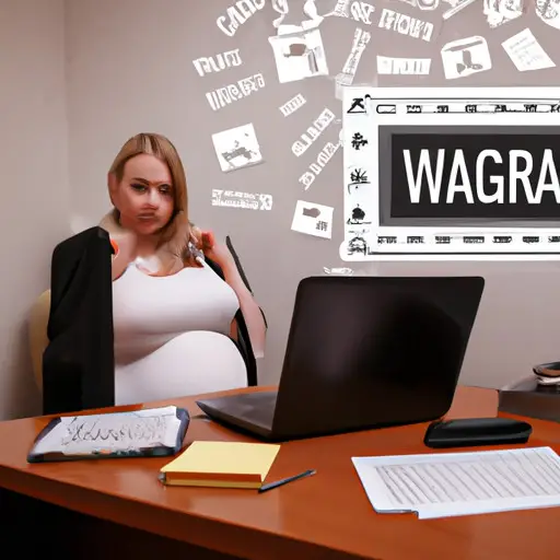 An image of a pregnant woman sitting at a desk, surrounded by legal documents and a laptop