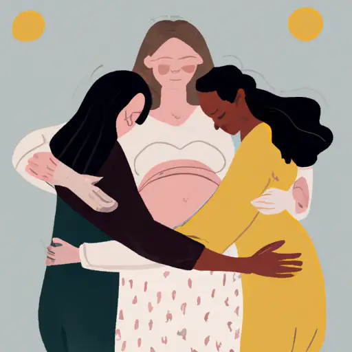 An image depicting a pregnant woman surrounded by a circle of supportive friends, embracing her tightly