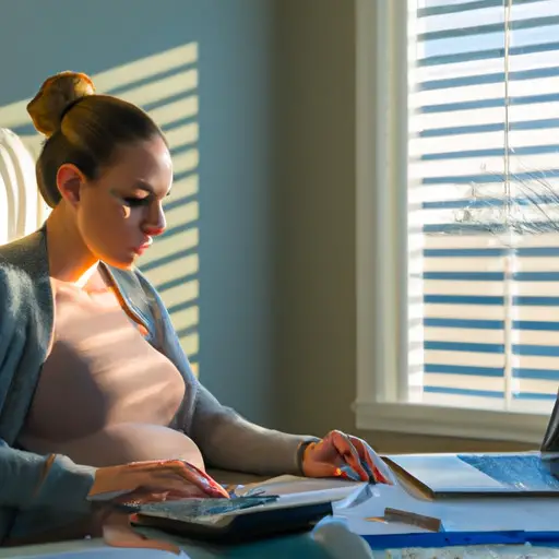 An image featuring a determined pregnant woman seated at a well-organized desk, surrounded by financial documents, calculators, and a laptop