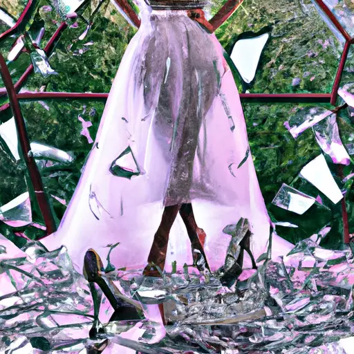 An image depicting a woman wearing a crown, standing in a lush garden, surrounded by shattered glass slippers