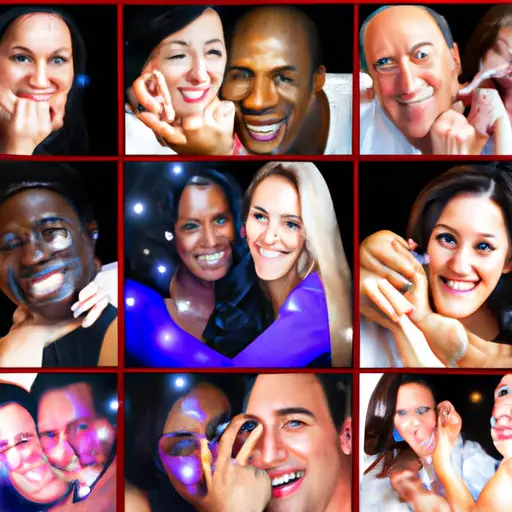 An image showcasing a collage of diverse couples, joyfully embracing each other, with beaming smiles and sparkles in their eyes, capturing the essence of success stories and testimonials from Match and eharmony