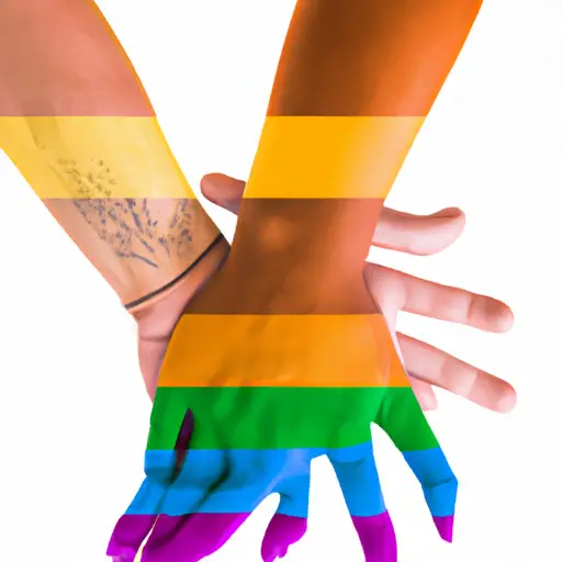 An image of a gay man and a woman holding hands, surrounded by a vibrant rainbow-colored community, symbolizing the strength and unity that mixed-orientation marriages bring to the LGBTQ+ fight for acceptance and equality