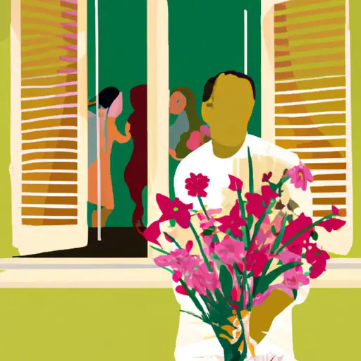 An image featuring a person standing at a door, holding a bouquet of flowers, looking disappointed, while their family members can be seen through a window, inviting them to a gathering