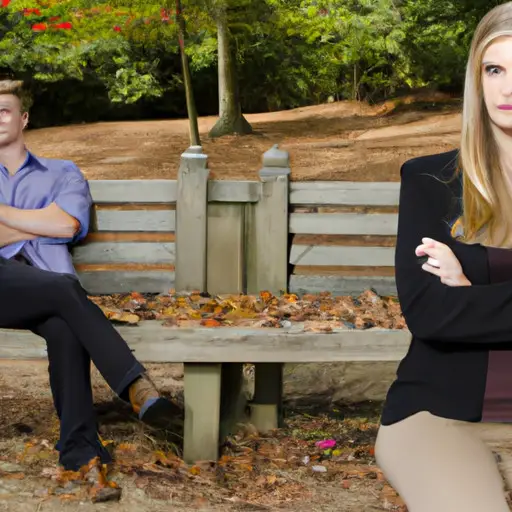 An image capturing a couple sitting on a park bench, with the girlfriend crossing her arms, avoiding eye contact, and subtly shrinking away from her partner, showcasing the subtle nonverbal cues indicating dissatisfaction or perceived inadequacy