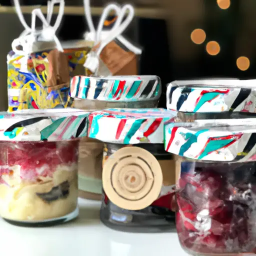 An image showcasing a colorful assortment of homemade treats and goodies, neatly displayed in mason jars and adorned with festive ribbons