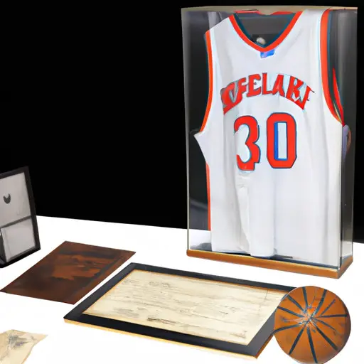 An image showcasing an autographed basketball jersey from a legendary player, displayed in a sleek glass case alongside vintage basketball cards, game tickets, and a worn-out basketball, evoking nostalgia and passion for basketball memorabilia collectors