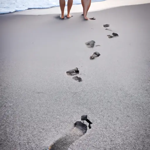 An image capturing a couple on a beach at sunset, their hands intertwined, as they walk along the shoreline, leaving behind footprints in the sand, symbolizing the journey of their two months of dating