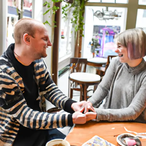 An image of a cozy café scene, where a couple sits across each other, engrossed in conversation