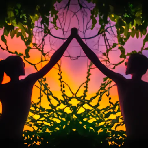 An image featuring two silhouetted figures, arms outstretched towards each other, with a vibrant sunset sky as the backdrop