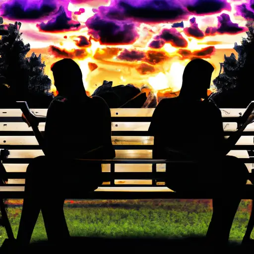 An image featuring a couple sitting side by side on a park bench, both engrossed in their phones, oblivious to the vibrant sunset behind them, symbolizing a lack of emotional connection in a relationship