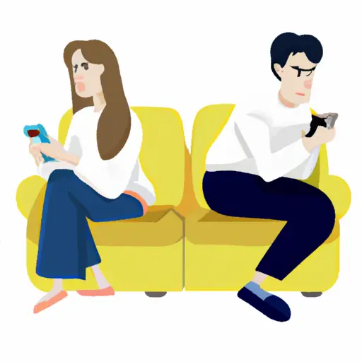 An image depicting a couple sitting on opposite ends of a couch, engrossed in their own activities: she scrolling through her phone, he watching TV, with a noticeable lack of eye contact or connection between them