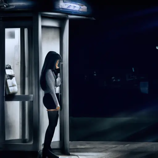 An image depicting a woman standing alone near a dimly lit phone booth on a deserted street at night