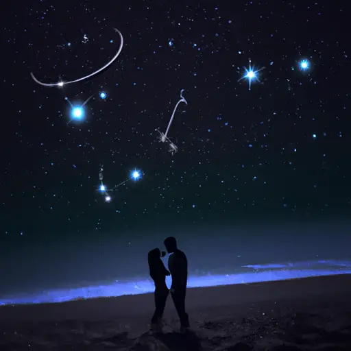 An image that showcases the celestial beauty of an Aquarian couple stargazing on a moonlit beach, their silhouettes intertwining as they exchange loving glances under a sky adorned with shimmering constellations