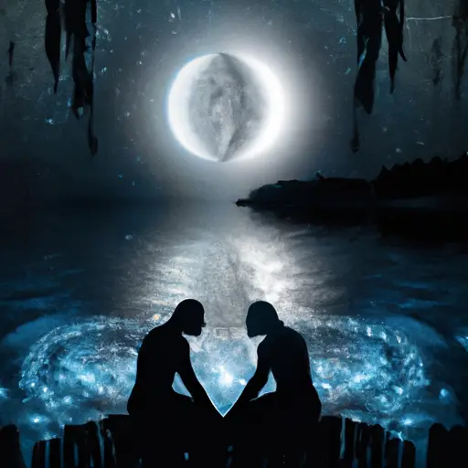 An image depicting an Aquarius woman and Pisces man sitting by a serene lake, their gazes locked in an intense yet tender connection