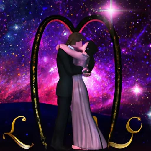 An image showcasing two elegantly dressed individuals, a Libra and their partner, tenderly embracing under a starlit night sky