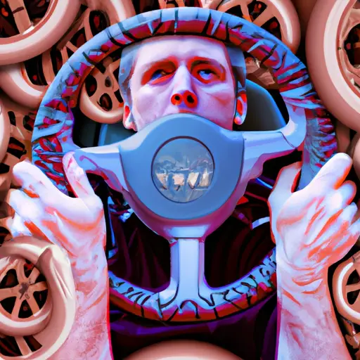 An image featuring a person tightly gripping a steering wheel with white knuckles, while their face shows intense concentration