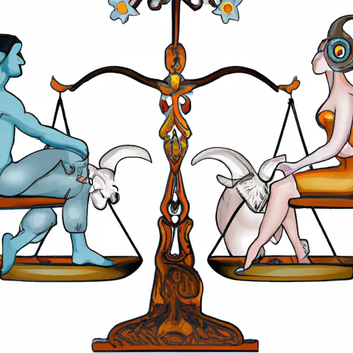 An image of an Aries man and Libra woman sitting on opposite sides of a beautifully decorated scale, representing their contrasting personalities