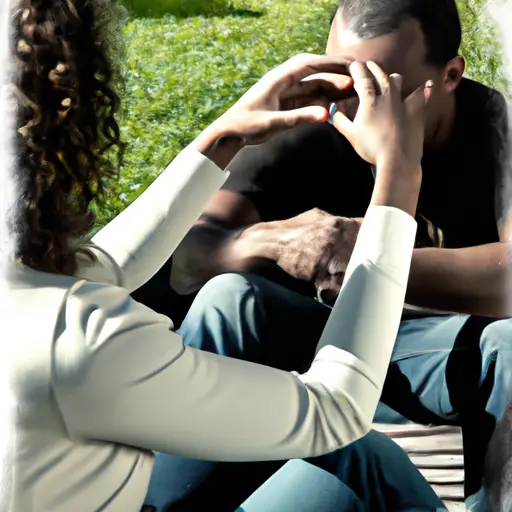 An image of a couple sitting side by side on a sunlit park bench, gazing into each other's eyes with genuine affection