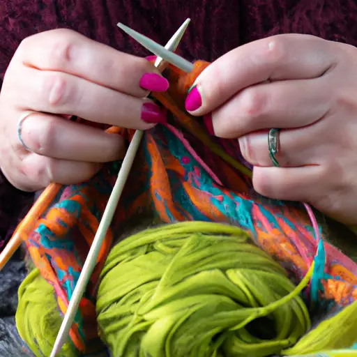 An image showcasing a pair of hands delicately knitting a cozy, vibrant scarf, surrounded by an assortment of colorful yarns, scissors, and knitting needles, emanating a peaceful atmosphere perfect for relieving stress