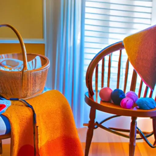 An image showcasing a serene, sunlit corner with a cozy armchair draped in knitted blankets and surrounded by baskets brimming with colorful yarn balls, knitting needles, and crochet hooks