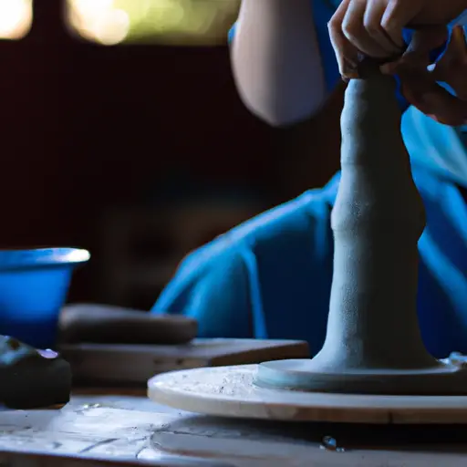 An image showcasing a serene pottery studio bathed in natural light, where hands mold clay into intricate sculptures