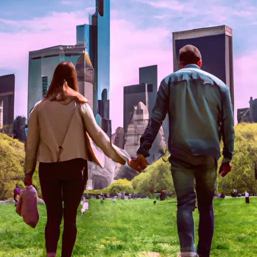 the essence of New York City's vibrant dating scene in an image that showcases couples strolling hand in hand through Central Park, with the iconic Manhattan skyline towering in the background